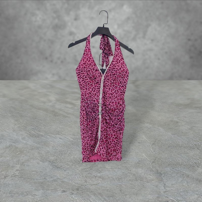 骚久姬 桃红黑配色 豹纹印花 银织带 绕颈绑带 洋装 OPD509 - 洋装/连衣裙 - 聚酯纤维 粉红色