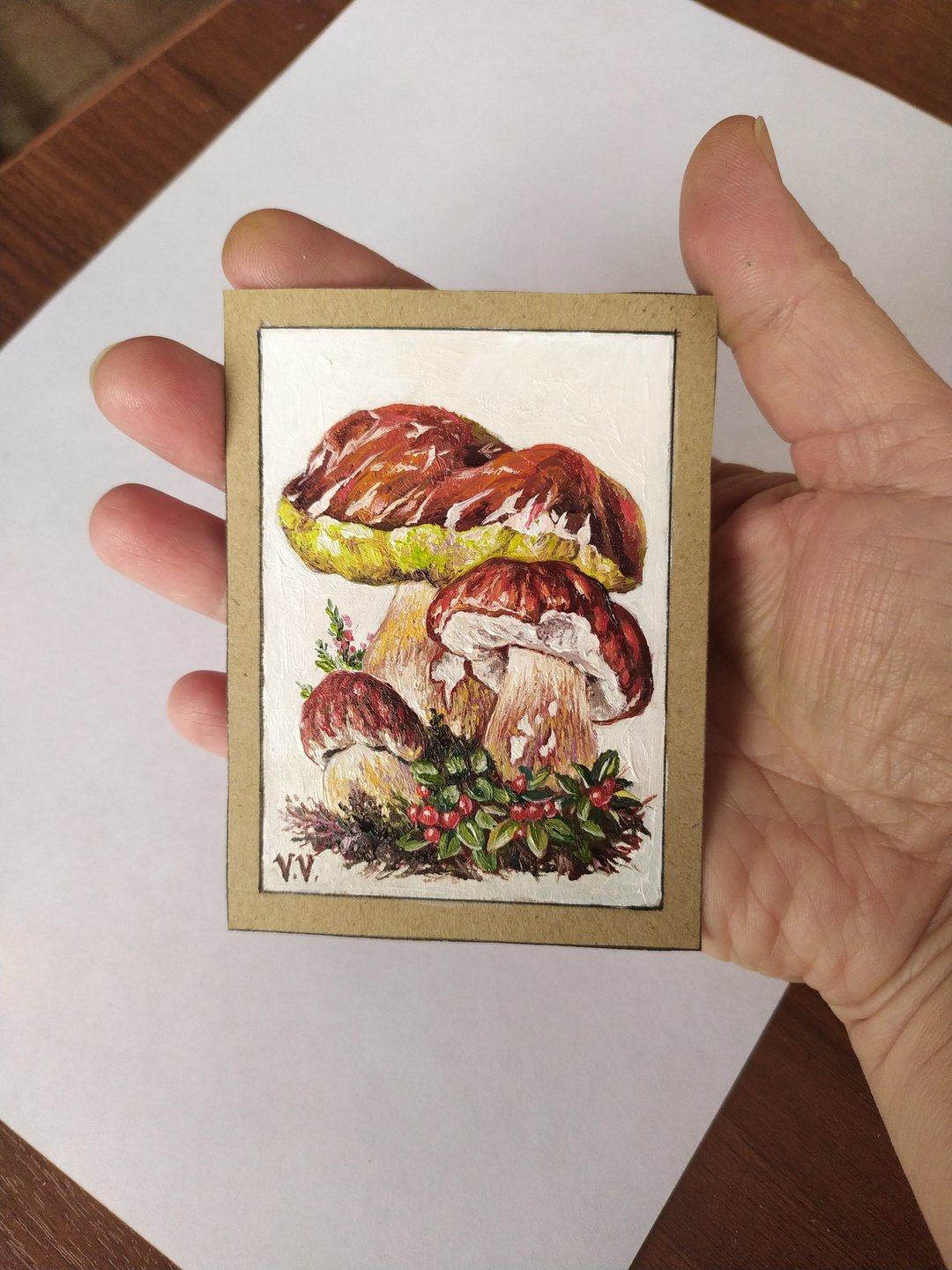 白蘑菇 Aceo 原創藝術植物學小畫收藏卡  White Mushrooms Aceo Original Art Botanical painting - 海报/装饰画/版画 - 纸 咖啡色