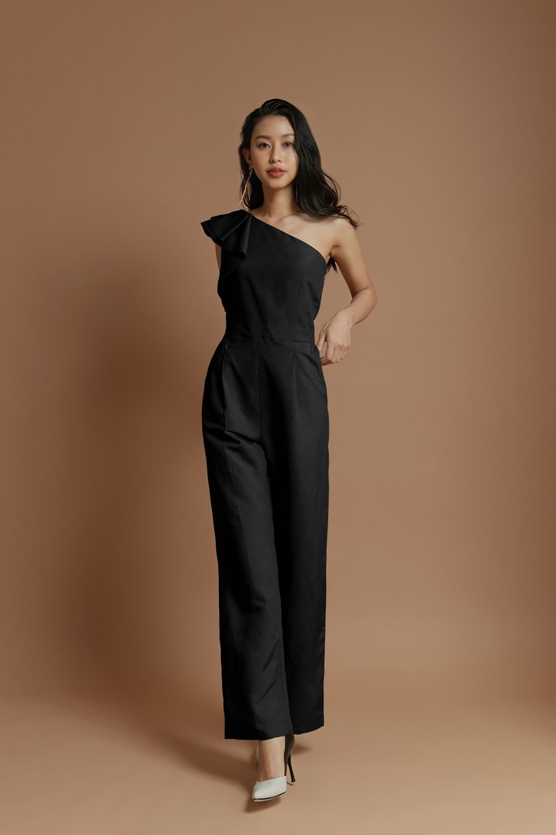 订制系列-斜肩连身裤(黑) - 背带裤/连体裤 - 棉．麻 黑色
