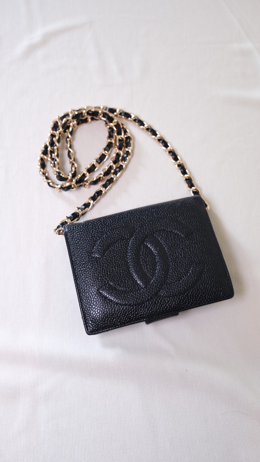 CHANEL黑色中古双C小牛皮钱包 外加金色链条 日本中古二手Vintage - 侧背包/斜挎包 - 真皮 黑色