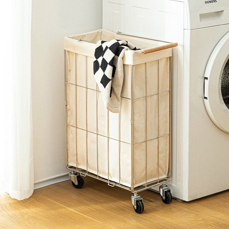 日本霜山 窄型移动式不锈钢折叠洗衣篮(附布套)-36L - 置物架/篮子 - 不锈钢 银色