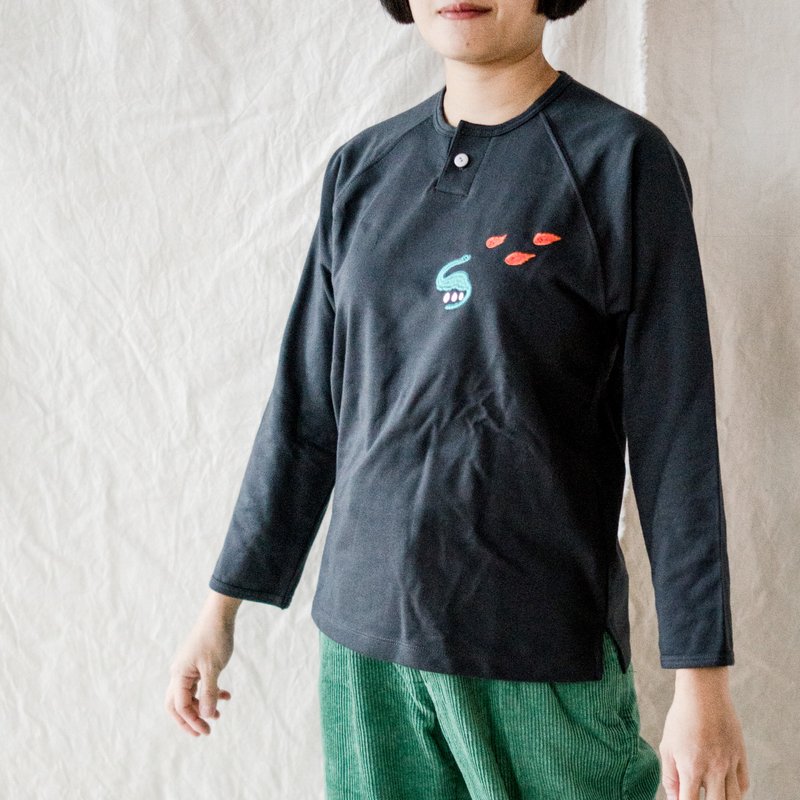 灭亡中的恐龙 / 开襟长袖上衣 / 浅黑色 - 女装上衣 - 棉．麻 黑色