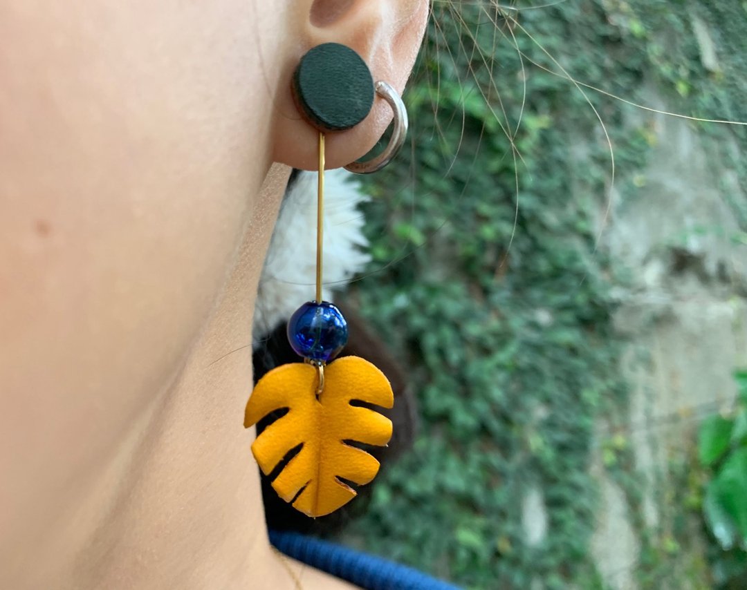 Plant Leather Earring Workshop - 耳环/耳夹 - 真皮 绿色