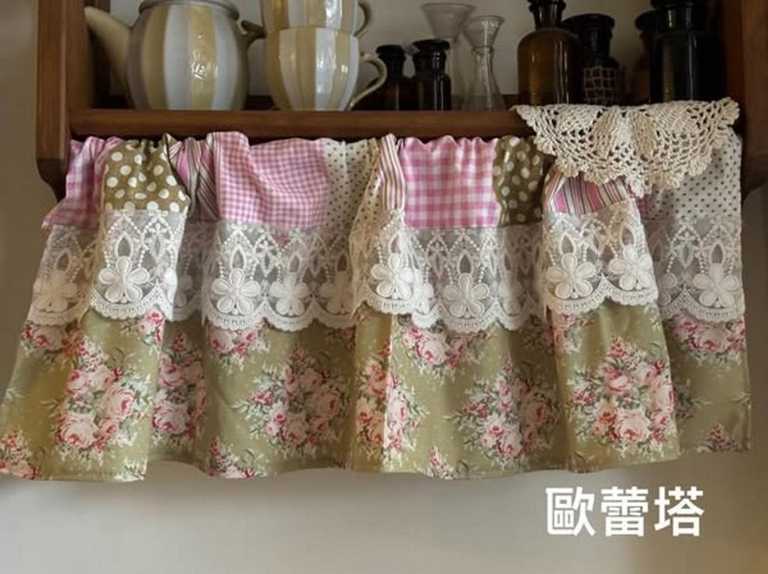 欧蕾塔手做**绿底花拼接格蕾丝手作短帘 - 门帘/门牌 - 棉 绿色