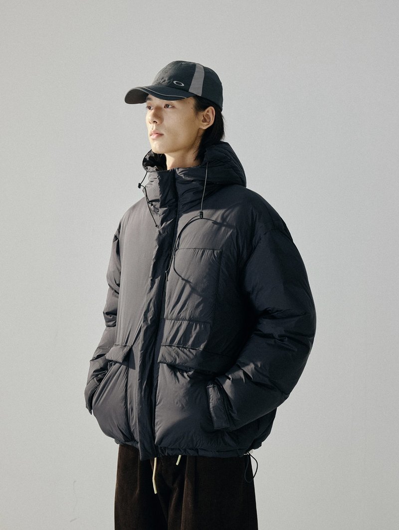 日系复古 / 连帽短款羽绒服外套 / 90白鸭绒 - 男装外套 - 其他材质 黑色