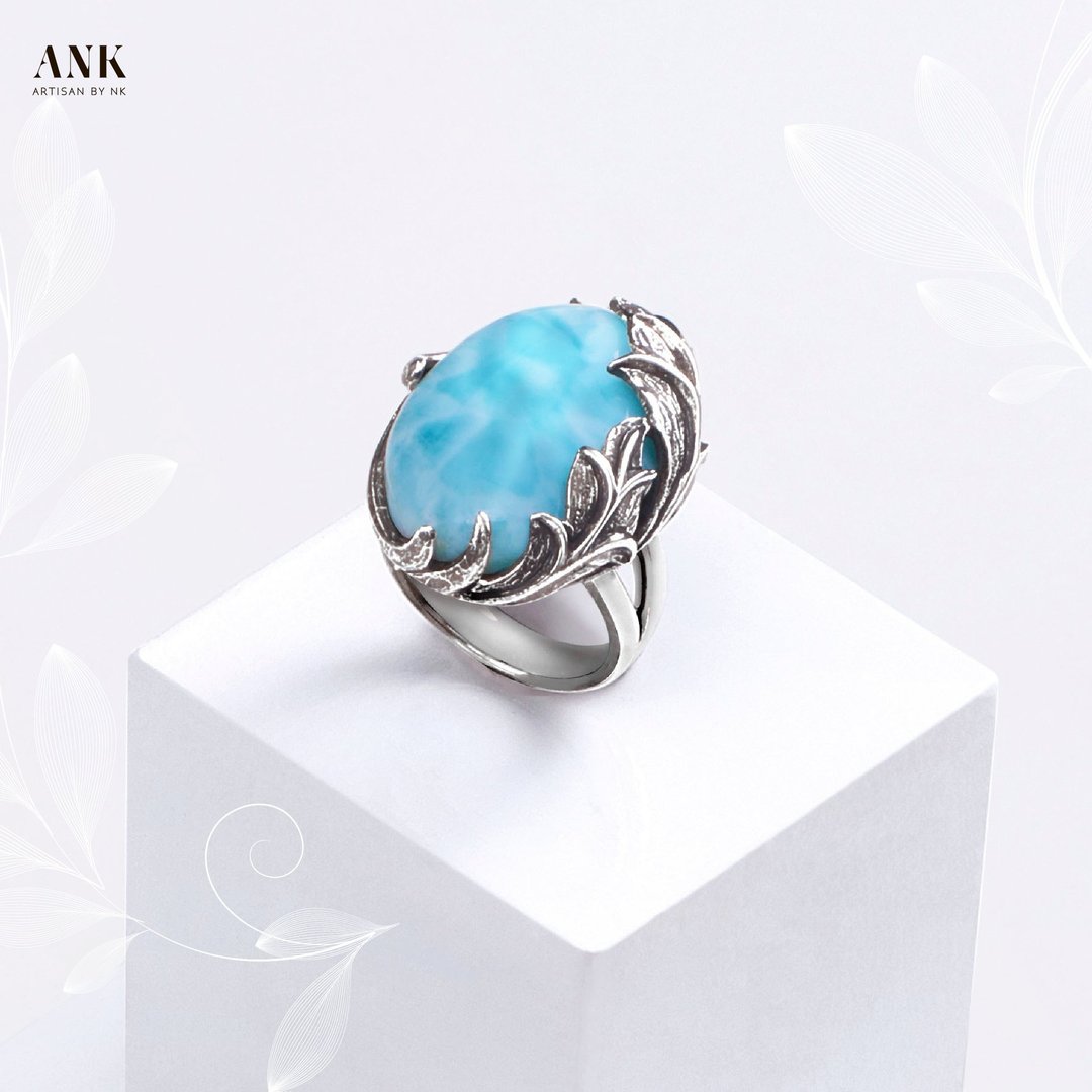 Silver Ring with Natural Larimar - 戒指 - 其他金属 蓝色
