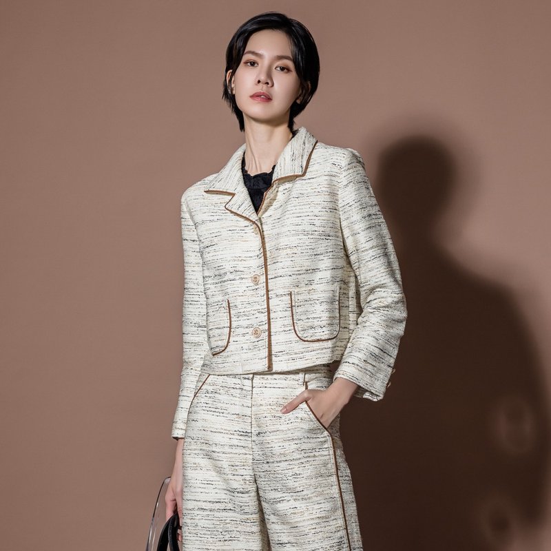 【MEDUSA】米白滚边毛西装外套(M-XL) | 女长袖西装外套 上班 - 女装西装外套/风衣 - 棉．麻 白色