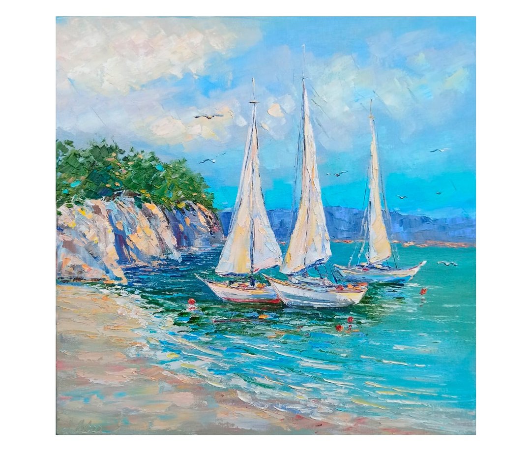 海景画帆船 Impasto 原创艺术船油画帆布艺术品 - 海报/装饰画/版画 - 棉 蓝色