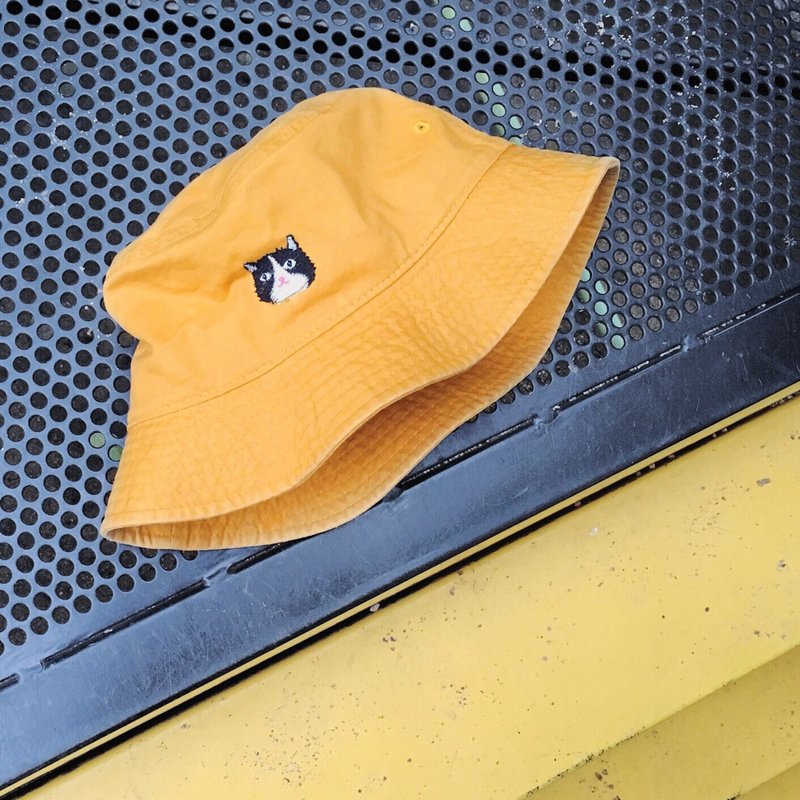 Happy cat - embroidery Bucket Hat / Yellow mustard - 帽子 - 棉．麻 黄色