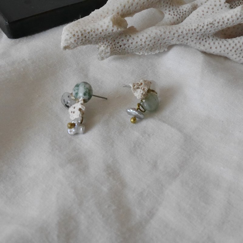 金继 耳环 ピアス / イヤリング  | 海系列 no.64 橄榄珍珠 - 耳环/耳夹 - 半宝石 绿色