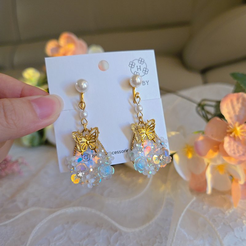 冬日水晶球 珍珠 耳环/耳钉/耳夹 原创 手作 送礼 - 耳环/耳夹 - 铜/黄铜 