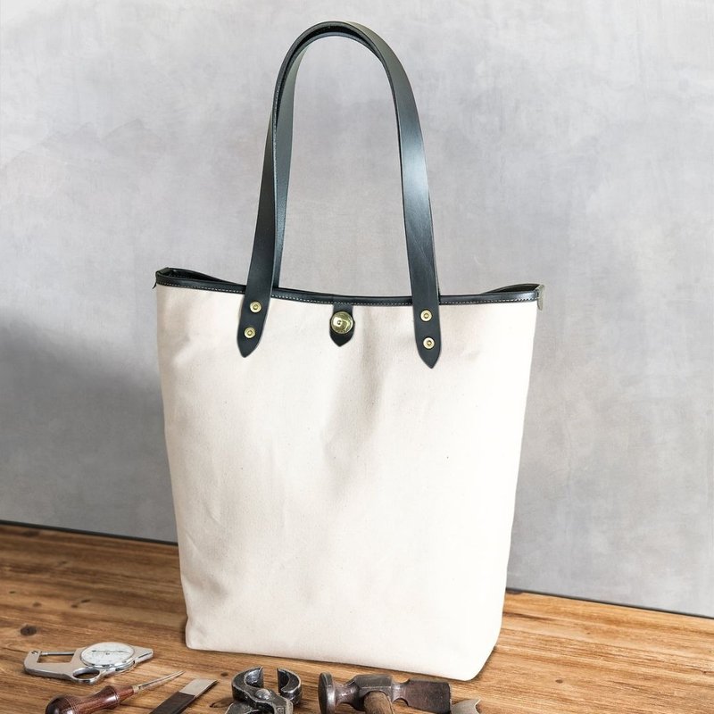 日本制【Takumics】石蜡帆布包 托特包 手提包 肩背包 黑色植鞣革 - 侧背包/斜挎包 - 棉．麻 白色