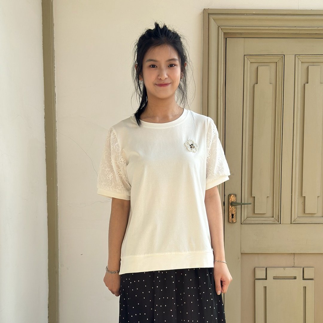 Hana Mokuba 圆领蕾丝袖拼接休闲上衣 - 女装上衣 - 其他材质 