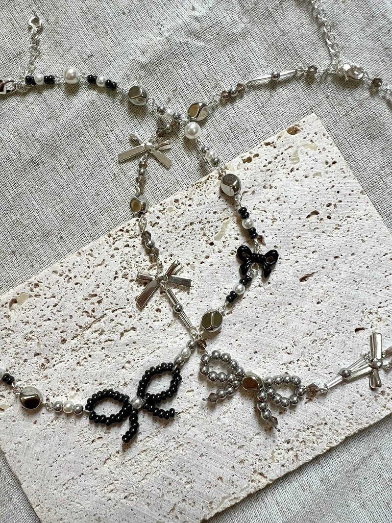 Metal Bow Tie Necklace丨金属风蝴蝶结手工串珠颈链- 两色 - 项链 - 贵金属 