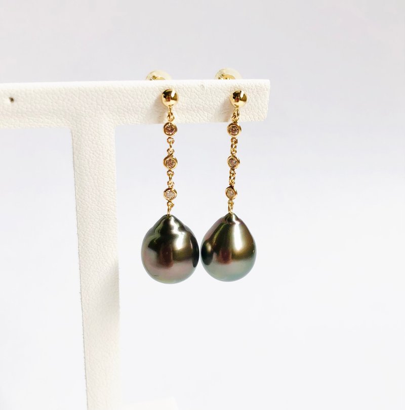 【Ltd.price】黑珍珠钻石耳环 海洋珍珠 - 耳环/耳夹 - 珍珠 金色