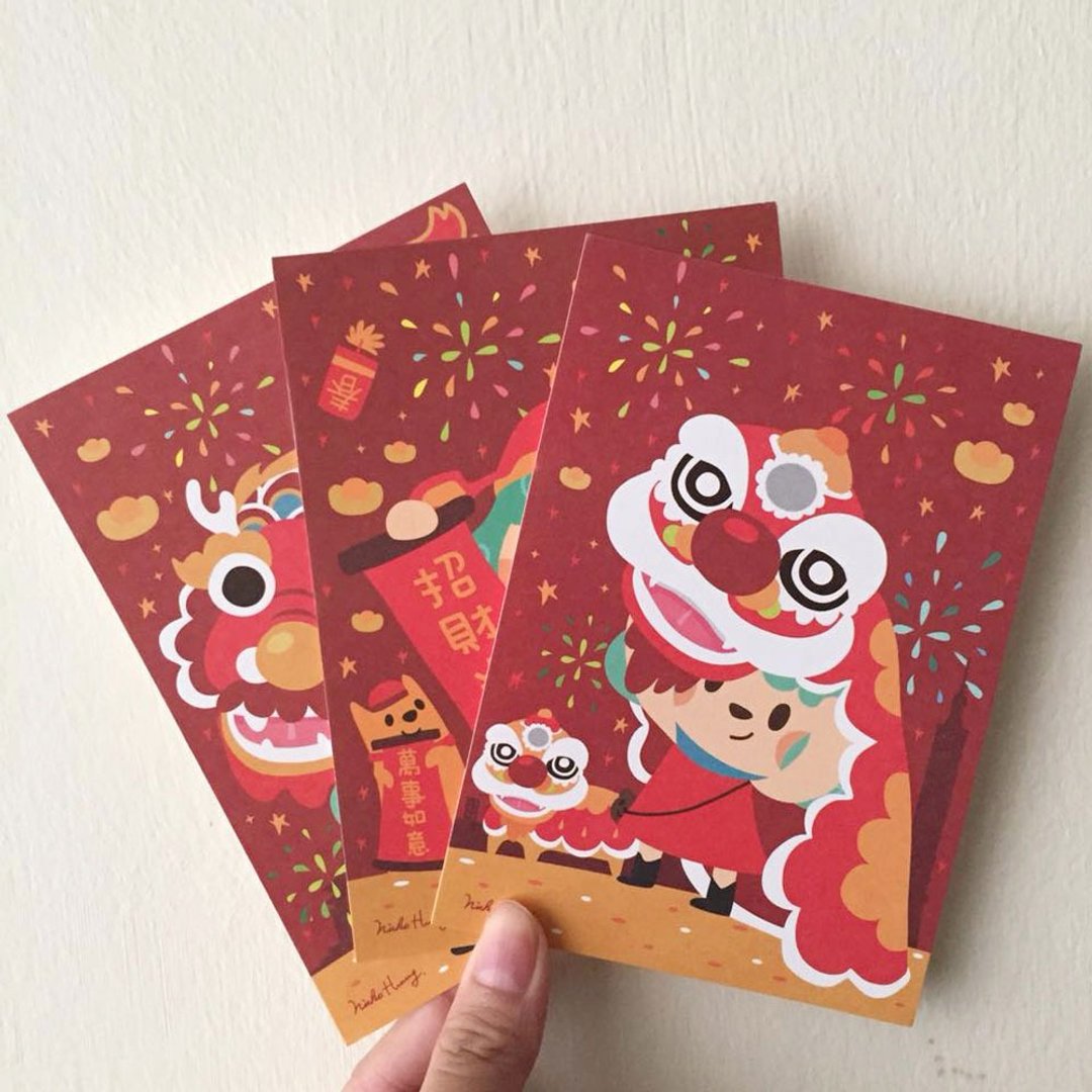 舞龙舞狮财神爷 过好年明信片组(三张一组) - 卡片/明信片 - 纸 红色