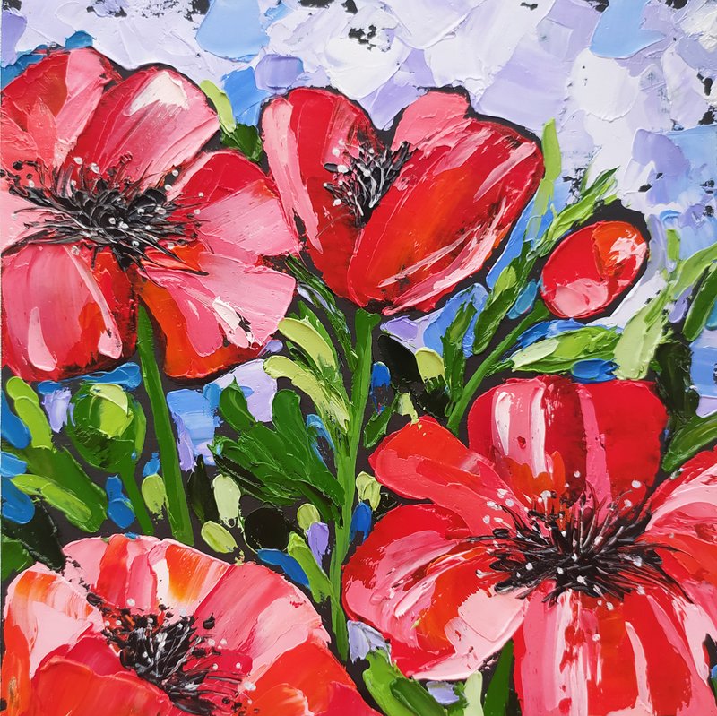 Bright red poppies oil painting impasto original art flowers impressionism - 墙贴/壁贴 - 其他材质 红色