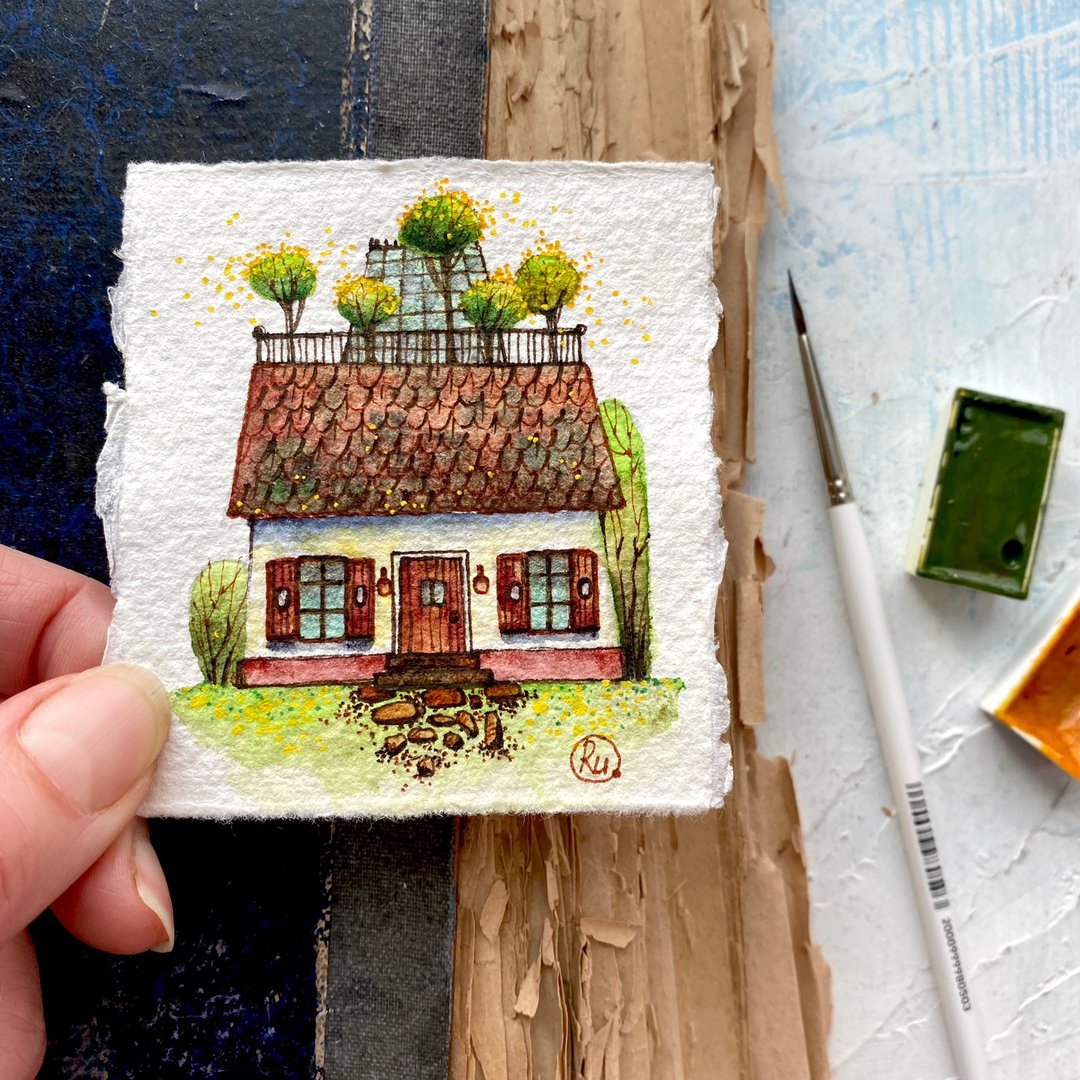Cottage painting Tiny Original art Miniature artwork Small wall art by Rubinova - 海报/装饰画/版画 - 纸 咖啡色
