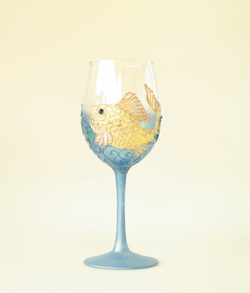 Gold Fish Wine Glass Hand-painted - 酒杯/酒器 - 玻璃 金色