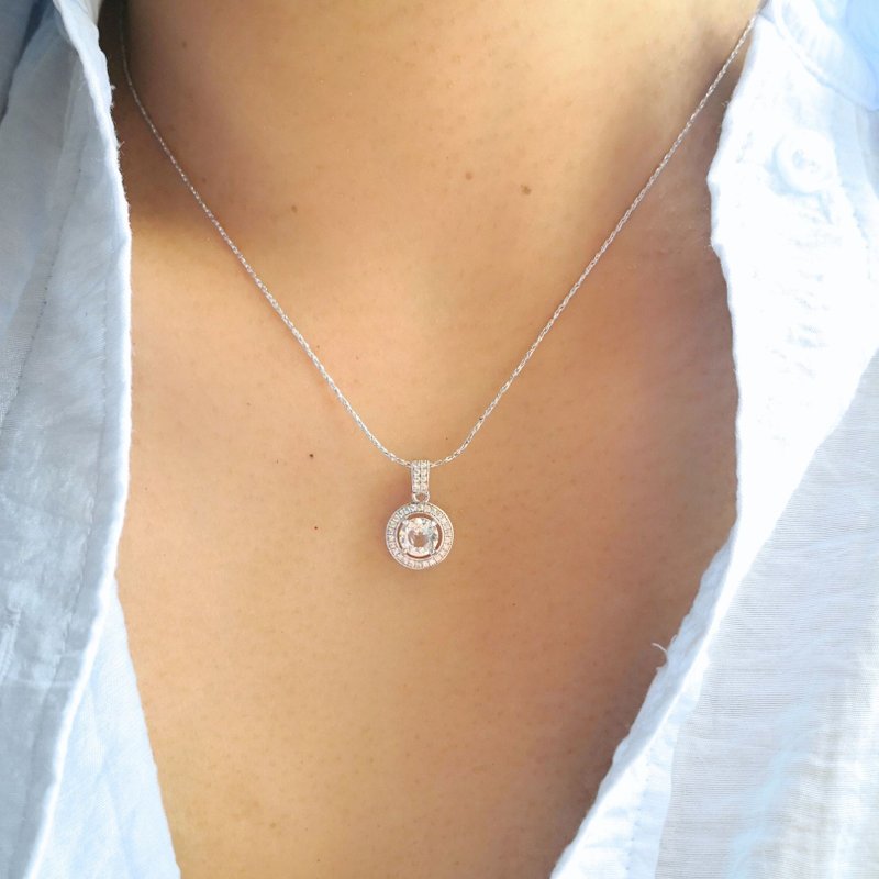 能量精灵 天然硅铍石Phenakite 特殊能量宝石 稀有刻面 白透光泽 - 项链 - 纯银 透明