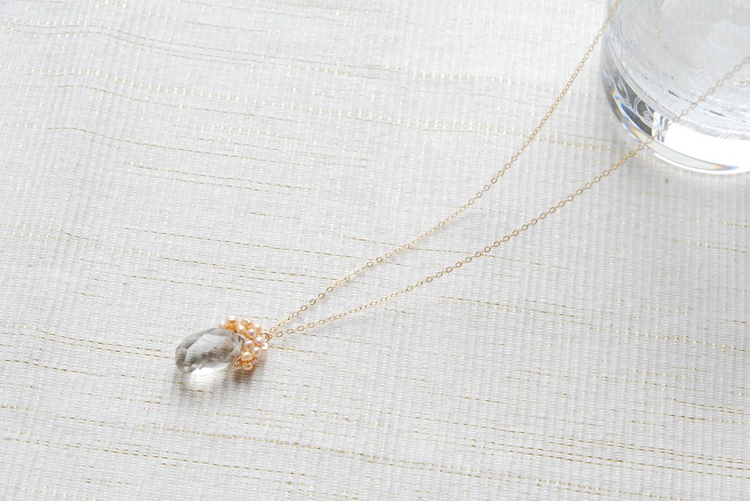 Light color smoky quartz and floral necklace pink 14kgf - 项链 - 半宝石 粉红色