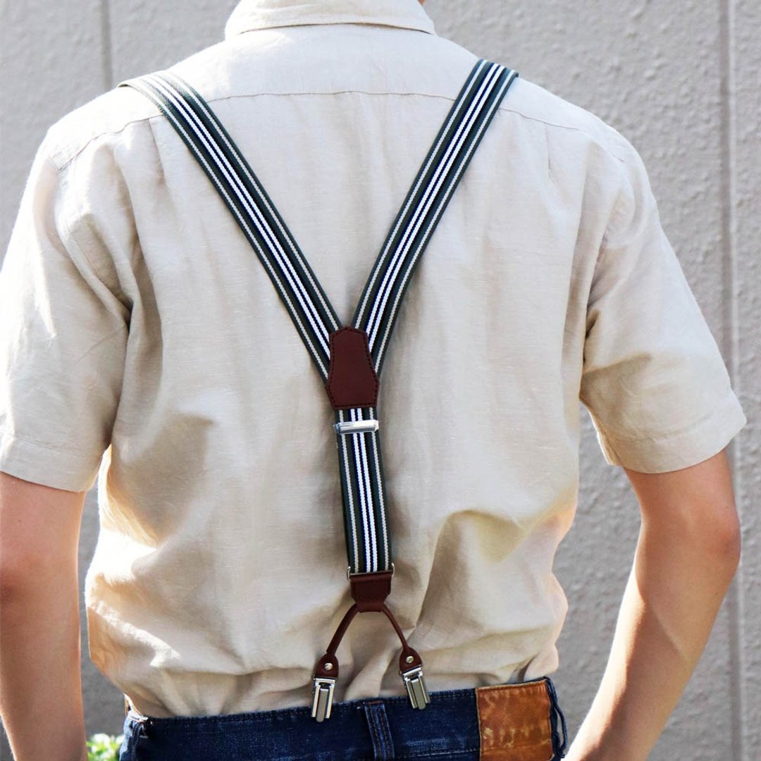 NOMURA Suspenders Tochigi leather 30mm width three line made in Japan Boxed gift - 皮带/腰带 - 橡胶 绿色