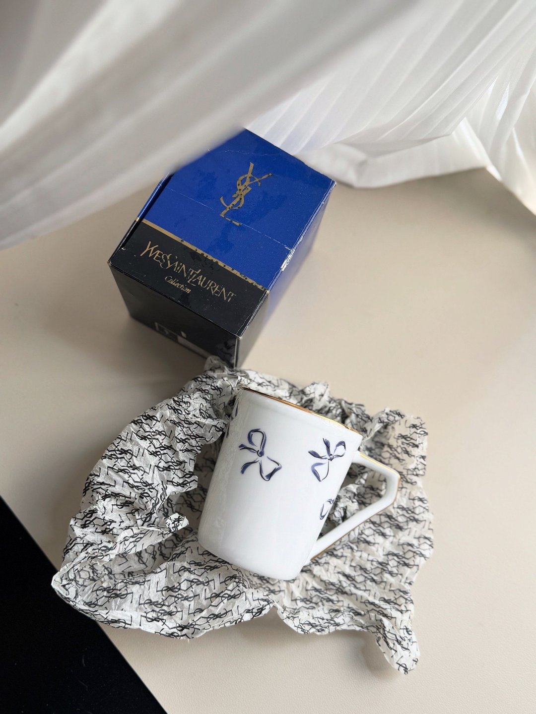 古董餐具 YSL 日本制 骨瓷马克杯 水杯 咖啡杯 蝴蝶结 送礼 - 咖啡杯/马克杯 - 瓷 白色