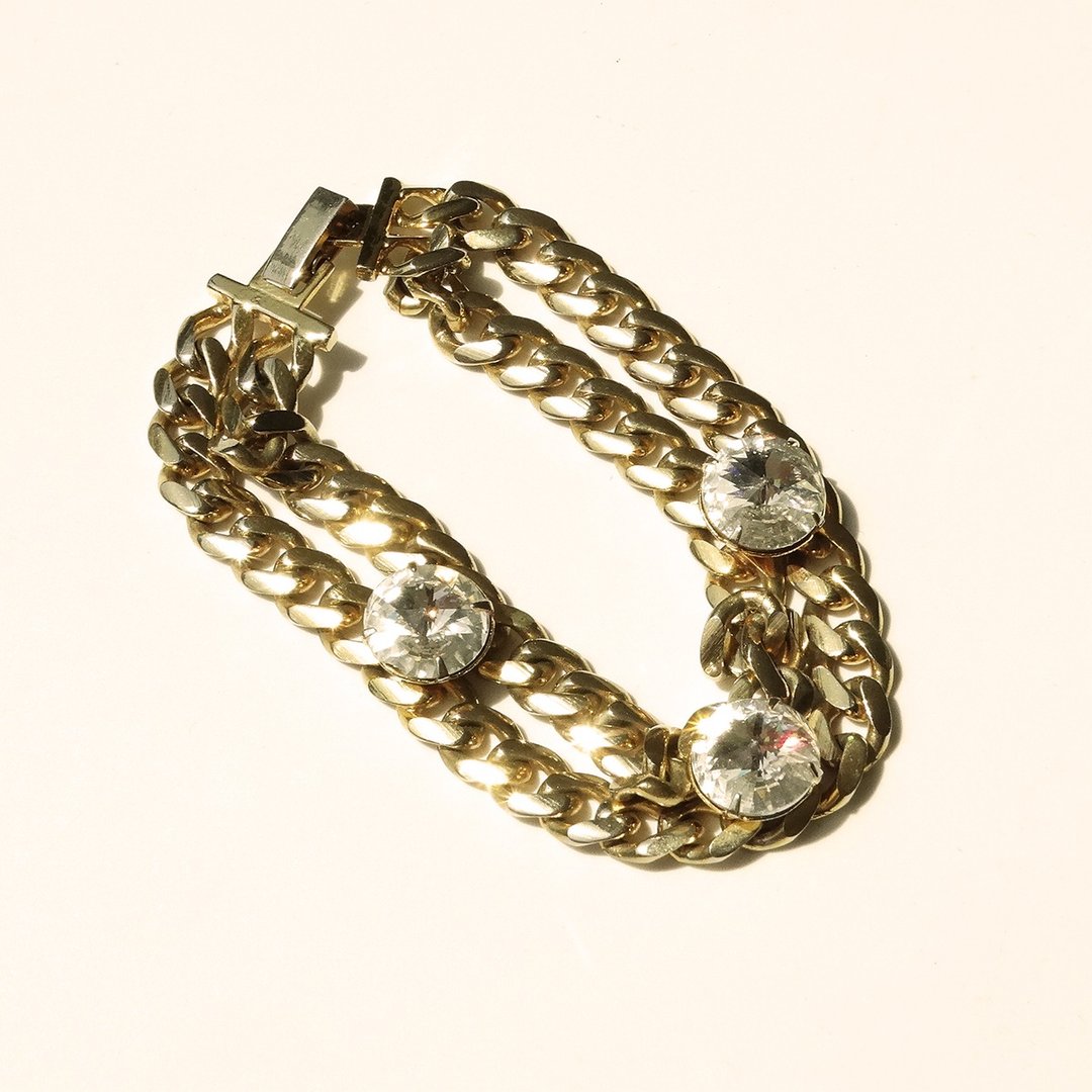 80s Vintage gold tone chain × Rhinestone bracelet - 手链/手环 - 其他金属 金色