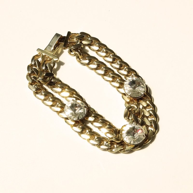 80s Vintage gold tone chain × Rhinestone bracelet - 手链/手环 - 其他金属 金色