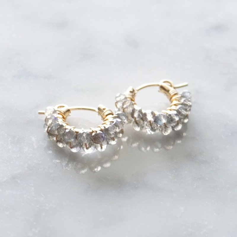 14kgf Labradorite wrapped hoop pierced earrings / clip on earrings - 耳环/耳夹 - 宝石 灰色