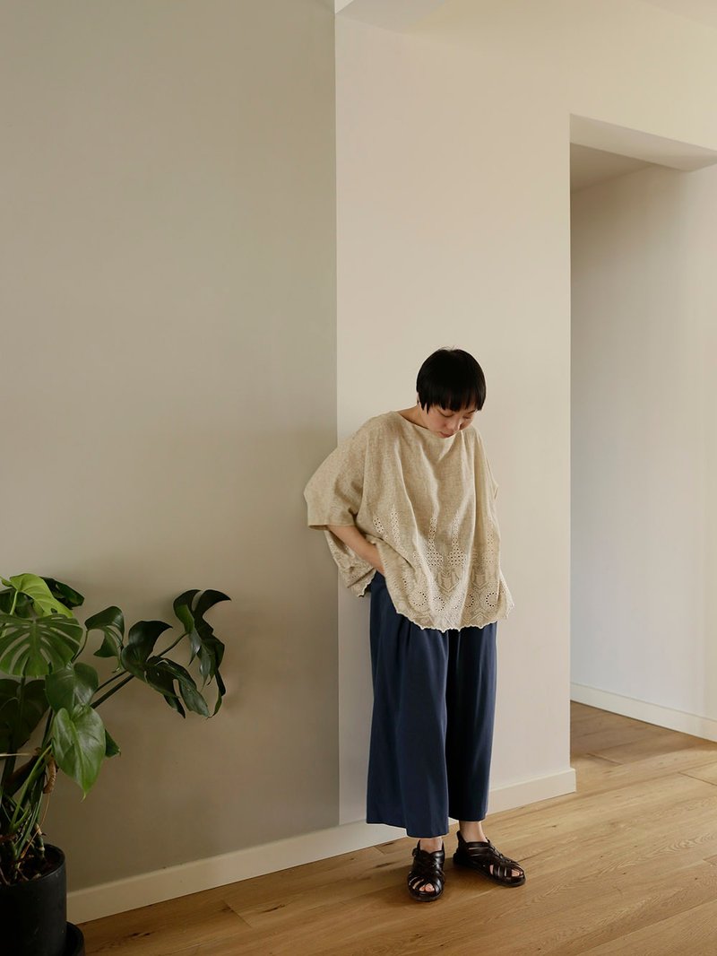 輕盈夏日 意大利製純亞麻刺繡 超寬鬆罩衫上衣 - 女装上衣 - 其他材质 卡其色