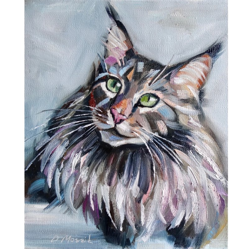 Maine Coon Cat Painting Animal Original Art Pet Artwork Oil On Canvas - 海报/装饰画/版画 - 颜料 多色
