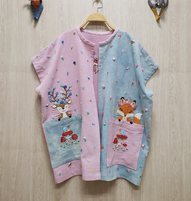 可爱手工刺绣开衫 - 棉 - 天然染料、鹿、狐狸、蘑菇 - 女装上衣 - 绣线 粉红色