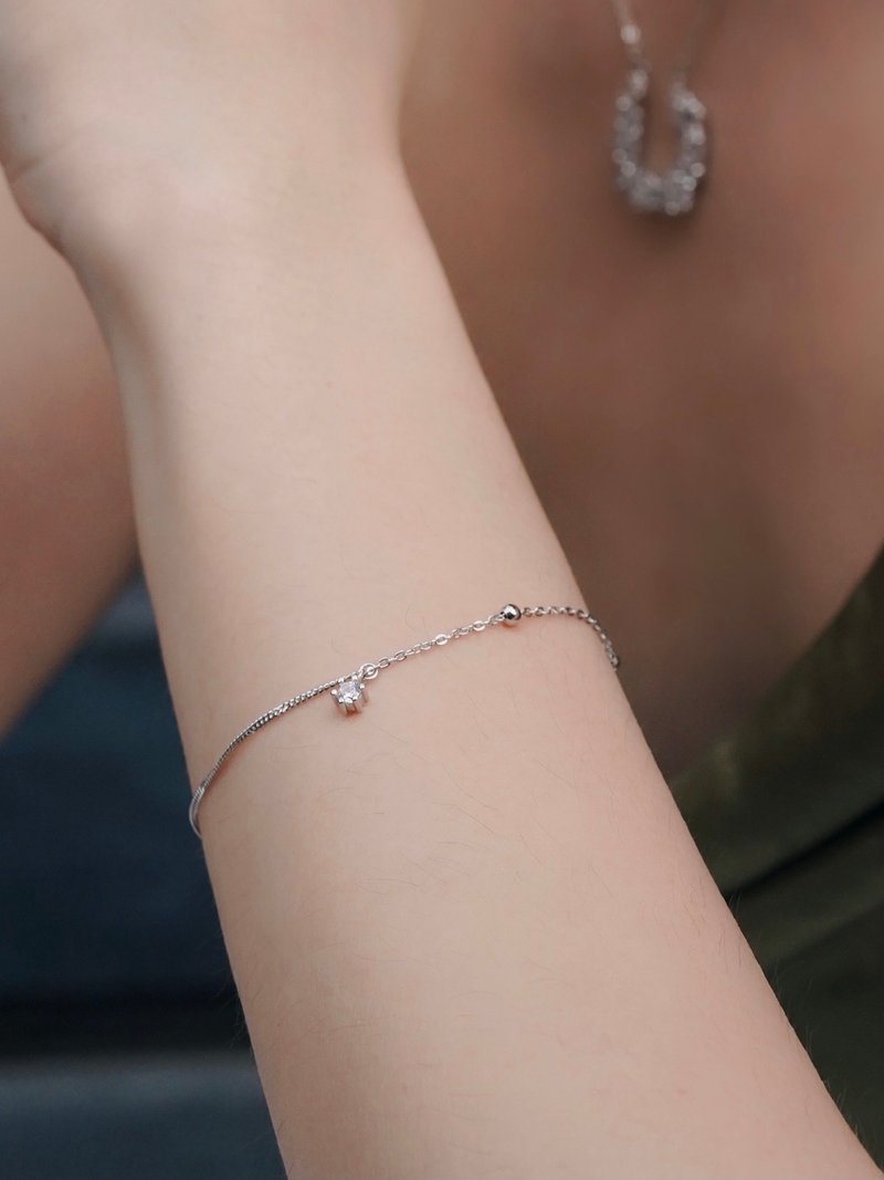 全纯银轻奢拼接单钻圆珠手链 - 手链/手环 - 纯银 银色
