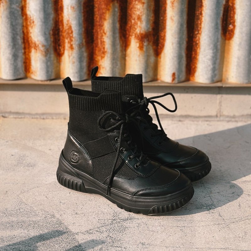 泡芙弹力厚底短靴-石墨黑 - 女款短靴 - 真皮 黑色