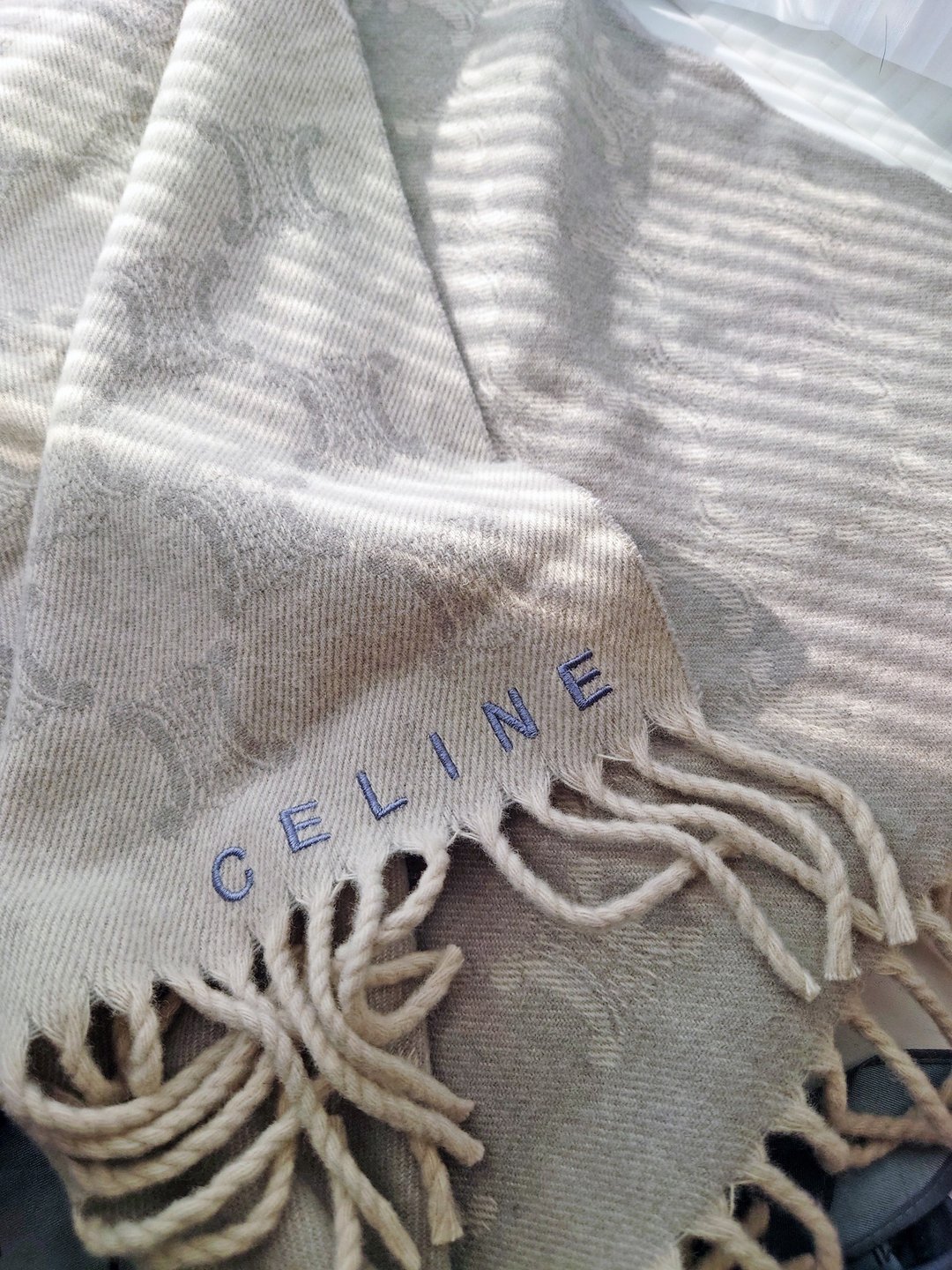 中古孤品 CELINE 老花凯旋门 羊毛 毛毯盖毯颈巾围巾领巾围脖披肩 - 围巾/披肩 - 羊毛 灰色