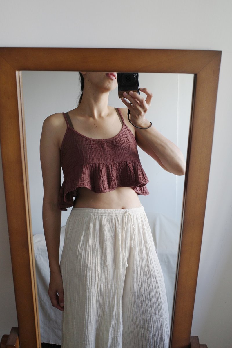 泰国双层纱纯棉细肩带短版背心 - 女装背心 - 棉．麻 