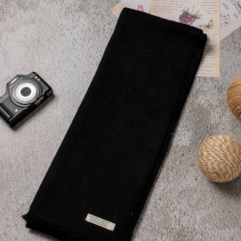【窄版】喀什米尔羊毛围巾 斜纹黑色 脖围 手工机织 - 围巾/披肩 - 羊毛 黑色