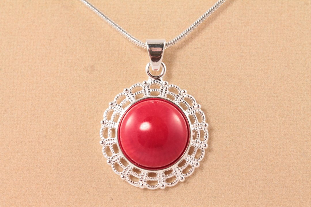 红珊瑚项链│银丝雕花圆形红宝坠饰项链│宝石饰品 - 项链 - 其他材质 红色