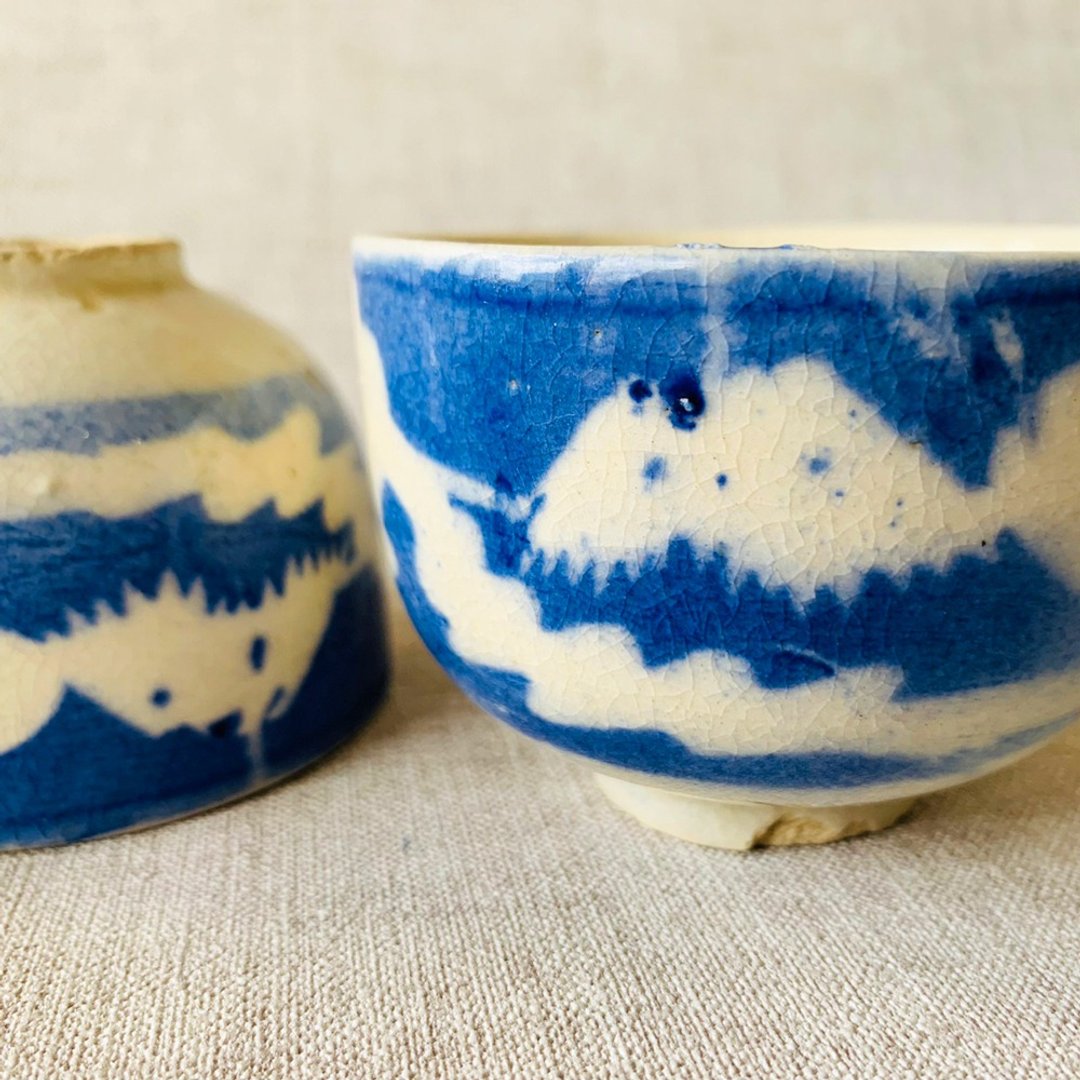 日本 富士山青花瓷杯组 │日治时期 冰裂纹 开片 瓷器 收藏 老物 - 茶具/茶杯 - 陶 蓝色