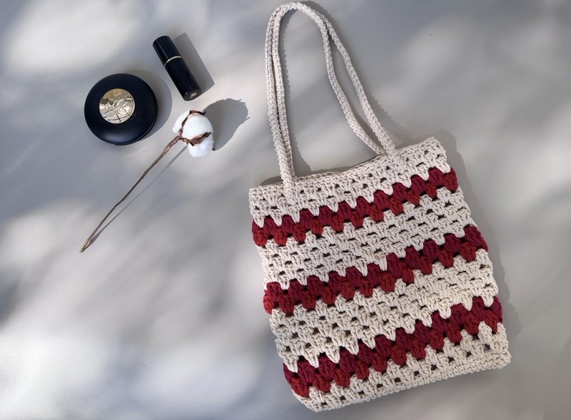手工编织包 手提包 肩背包 侧背包 托特包 - 红色镂空托特包 - 手提包/手提袋 - 棉．麻 红色