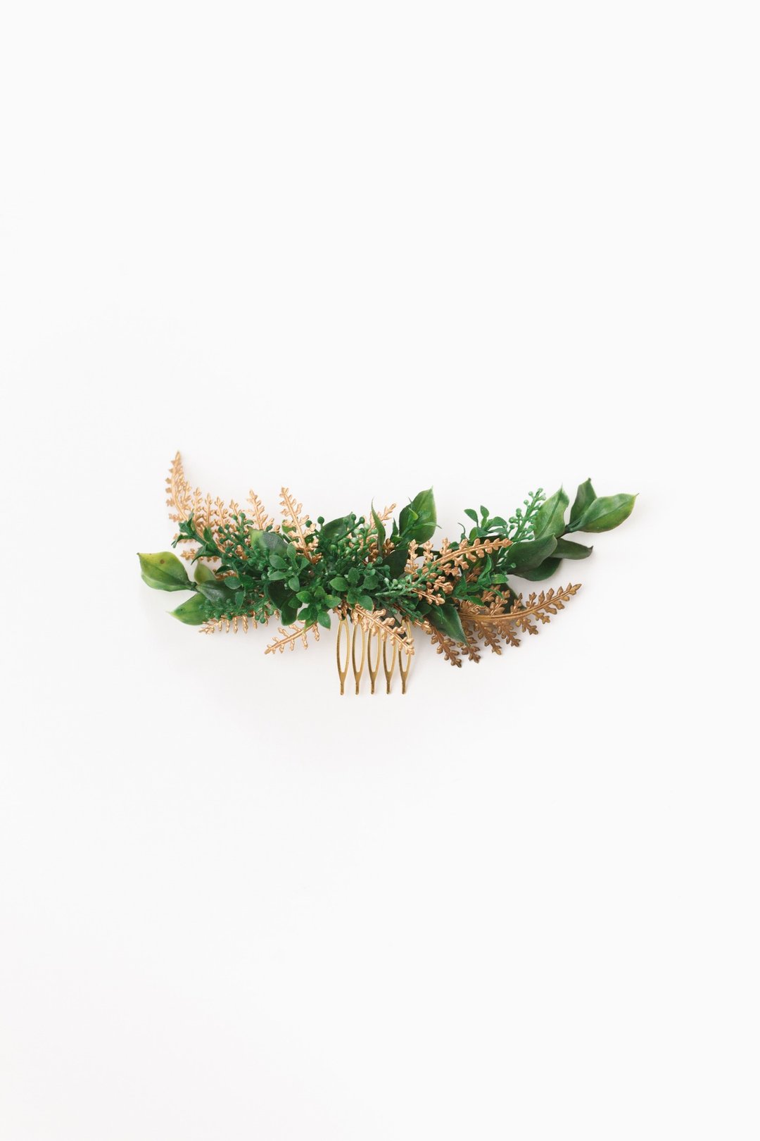 Emerald leaf and gold fern floral comb for bride with greenery hair pin - 发饰 - 植物．花 绿色
