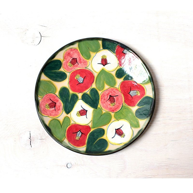 Camellia (green leaf) color picture plate - 花瓶/陶器 - 陶 多色