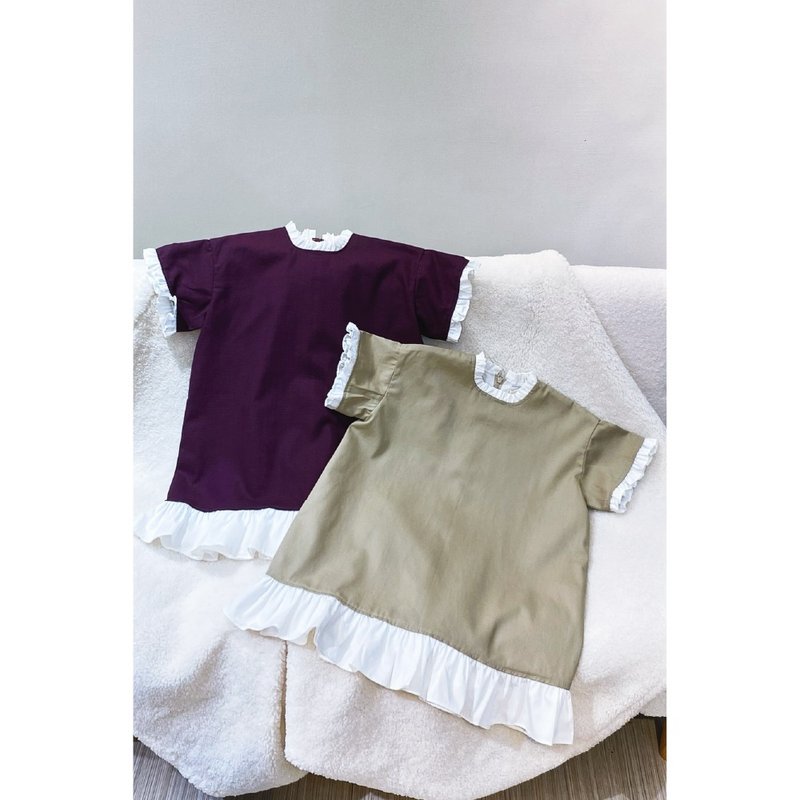 在树荫下看书 • 落肩连身洋装 - 童装裙 - 棉．麻 卡其色