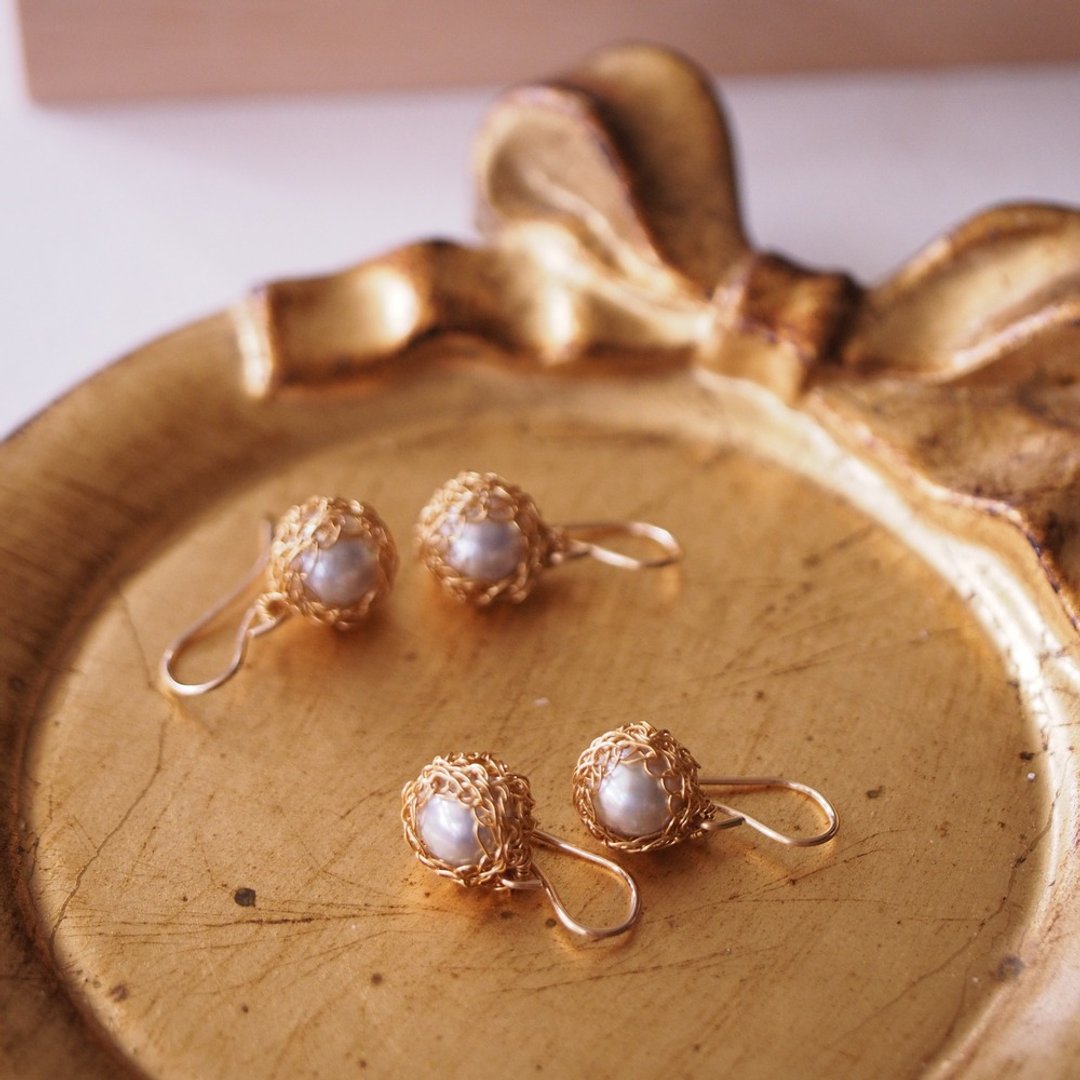 独家设计 手工勾织 海水珍珠耳环 14KGF Crochet Jewelry - 耳环/耳夹 - 珍珠 银色