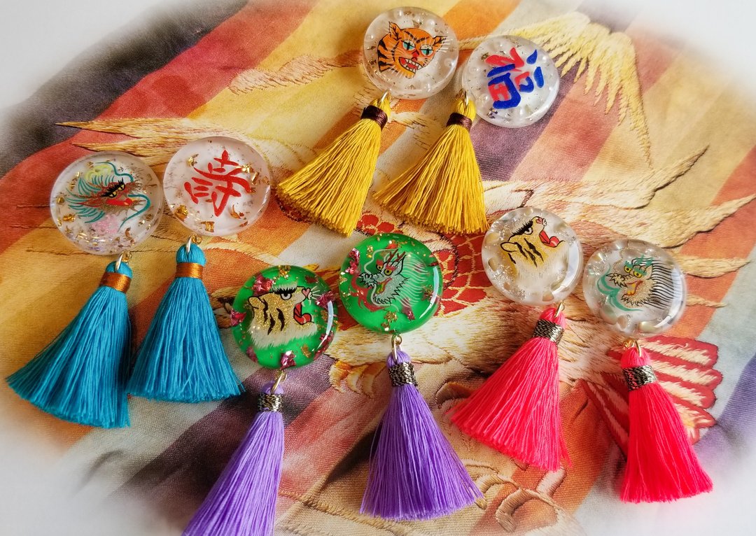 **Short tassel version**Sukajan Vietnam Vietnamese earrings Clip-On - 耳环/耳夹 - 树脂 多色