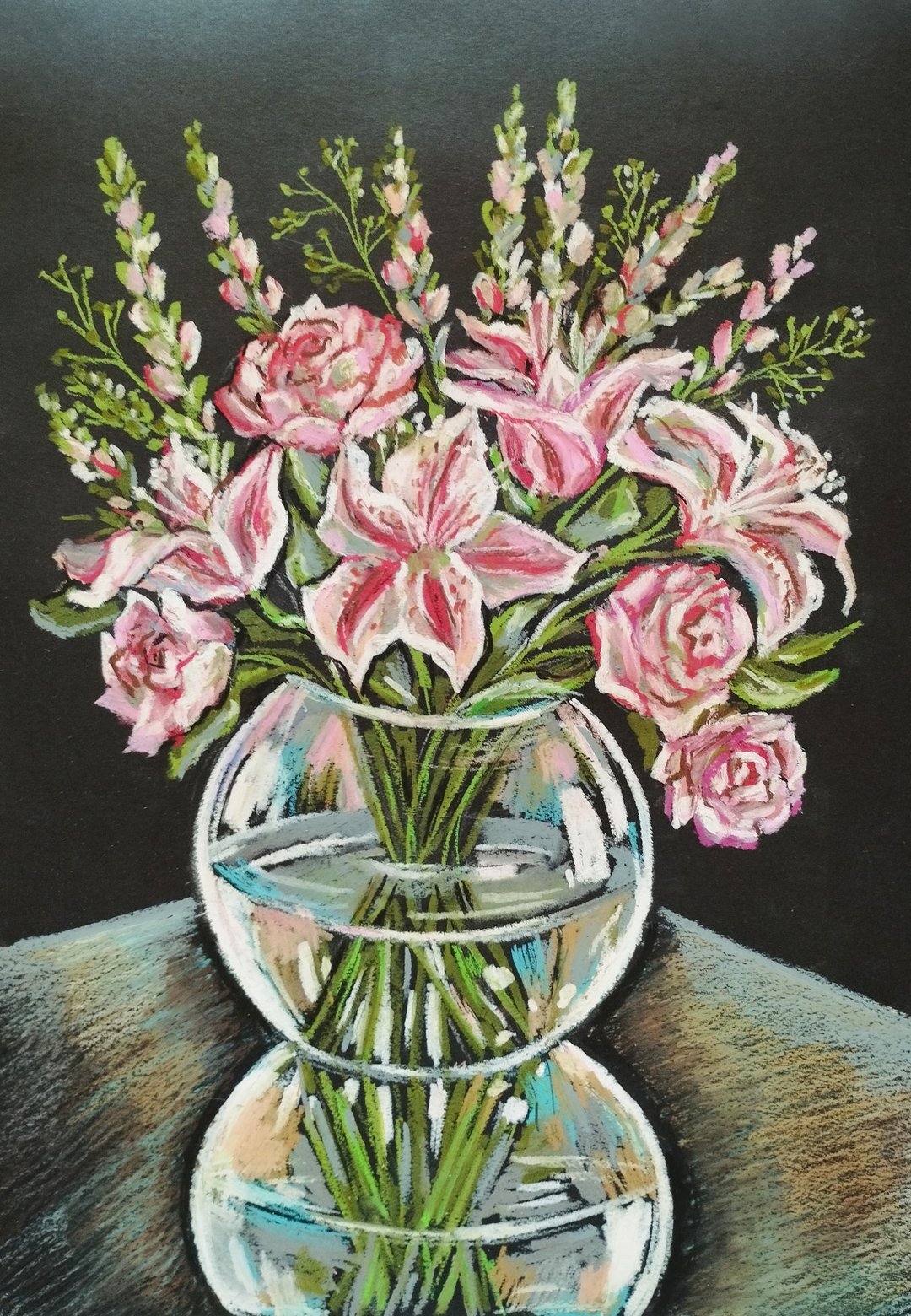 百合与玫瑰花束静物画花卉艺术画油画棒 - 墙贴/壁贴 - 纸 粉红色