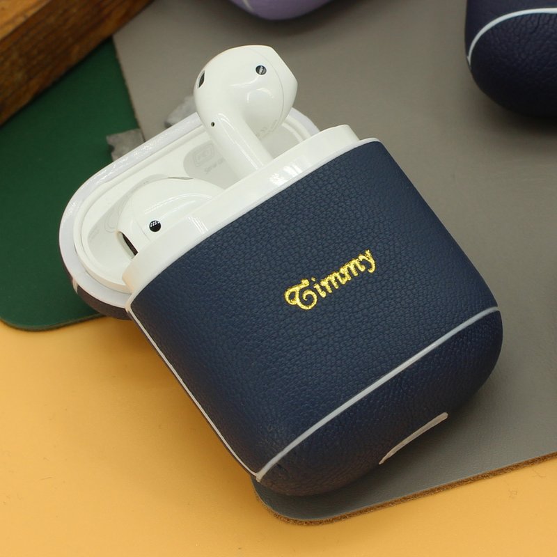 【换季特卖】真皮革灰蓝色马卡龙AirPods收纳皮套/AirPod保护套 - 数码小物 - 真皮 蓝色