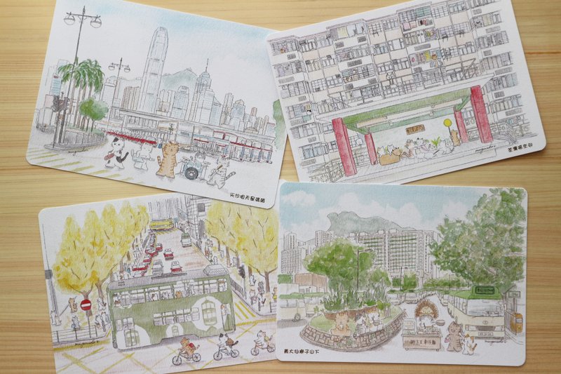 猫咪香港明信片 Set B -4张 - 卡片/明信片 - 纸 