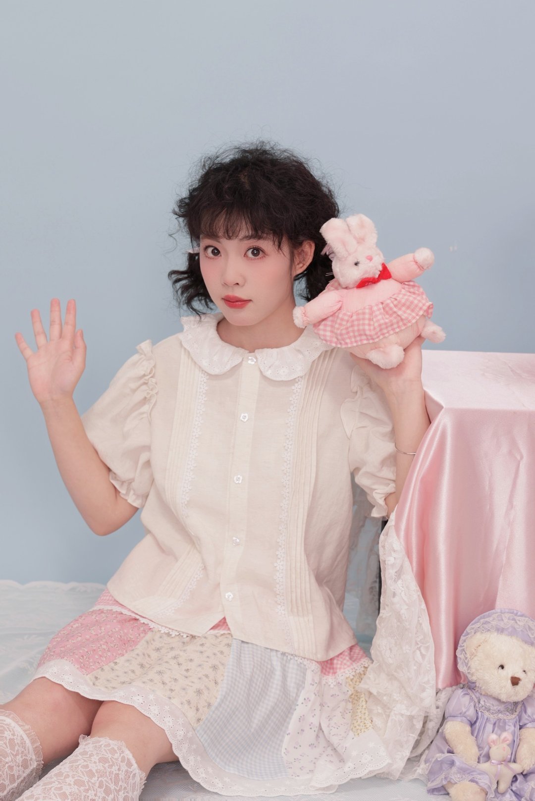 甜美少女 花边领泡泡袖短袖衬衫 - 女装衬衫 - 其他材质 白色